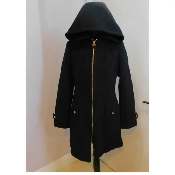 Michael Kors Women Black Trench Coat Wool Blend Jacket Removal Hood Jacket Small - Picture 2 of 12